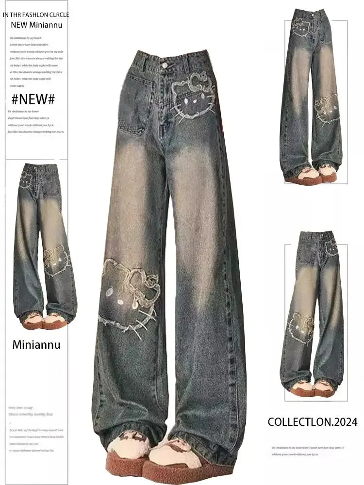 Sanrio Hello Kitty Retro Embroidered Jeans Cartoon Anime Female Loose Comfortable Wide Leg Pants Kawaii Gift
