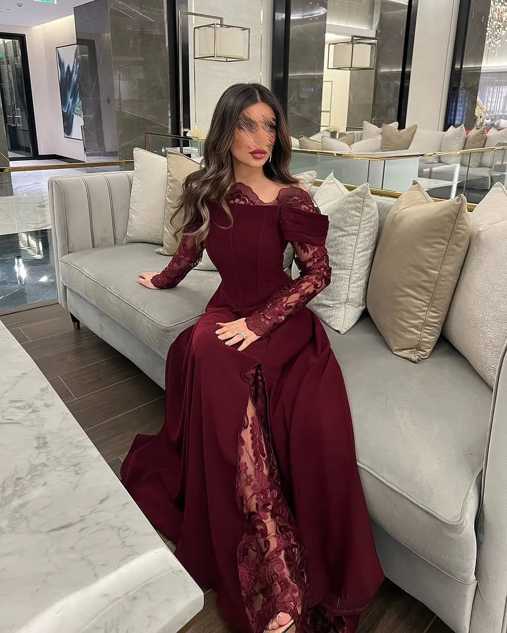 Customized Exquisite Jersey Off the Shoulder Lace Evening Dresses Delicate Long Sleeves Party Dress Custom Made Cocktail Dress