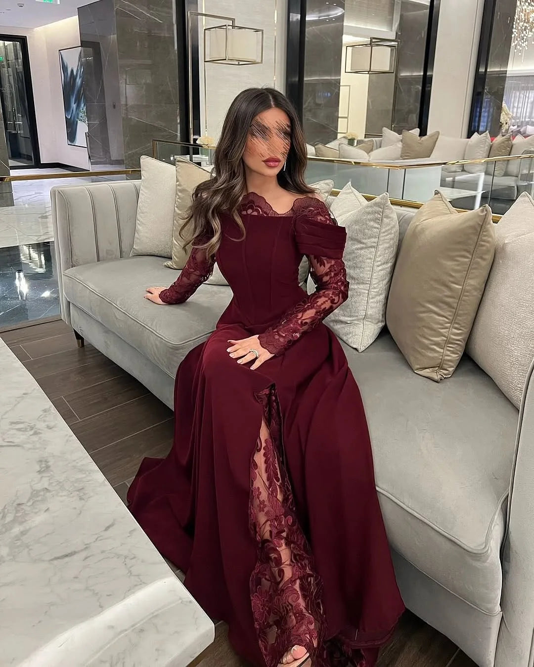 Customized Exquisite Jersey Off the Shoulder Lace Evening Dresses Delicate Long Sleeves Party Dress Custom Made Cocktail Dress
