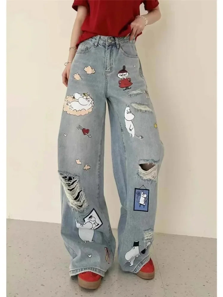 Women's Casual Sweet Ripped Harajuku Loose Fit Jeans Vintage Y2K Damage Emo Cartoon Print Pants Trashy Kpop Denim Trouser