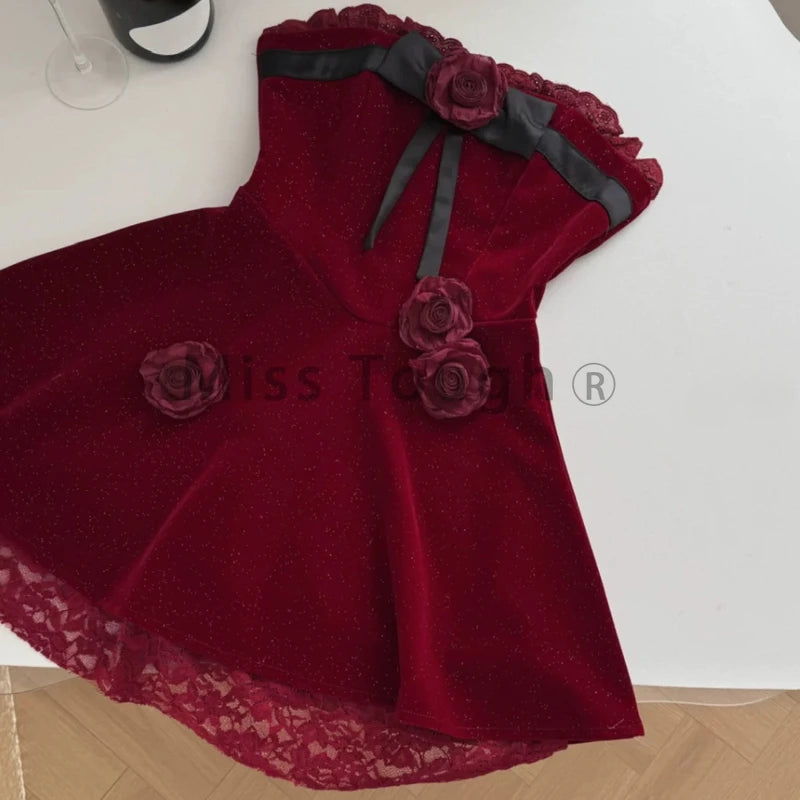 Gothic Y2k Lolita Style One Piece Dress Women Sexy Red Rose Flower Bow Party Mini Dress Japanese Fashion Elegant Dresses 2025