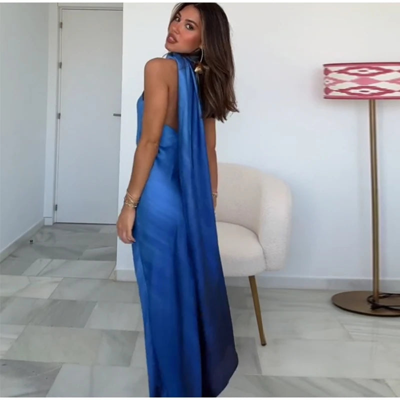 Scarf Collar Sleeveless Evening Dresses Women Backless Sexy 2025 Spring Loose High Waist Holiday Party Dress Female Elegant Robe