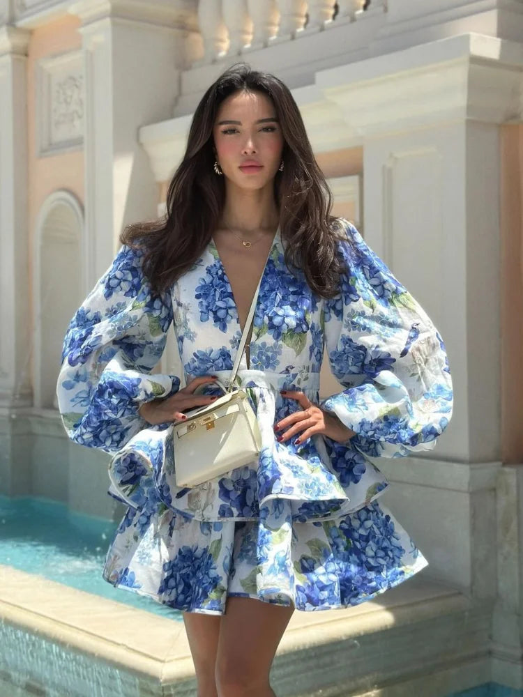 Printed Ruffled Hem Deep V-neck Puffy Dress Long Lantern Sleeve Elegant Vacation Party Short Dresses Colorful 2025 Spring Robe
