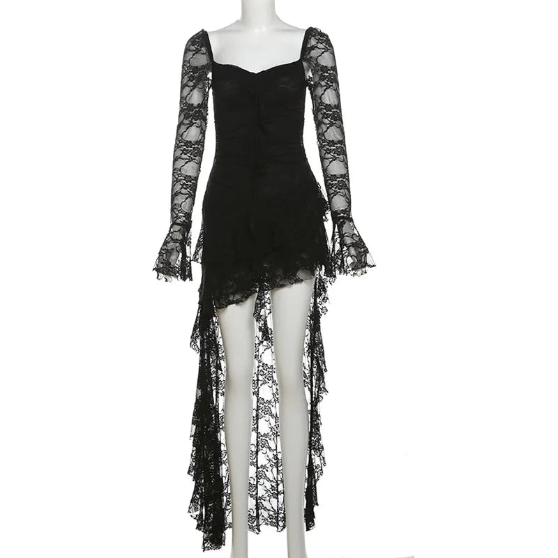 AltGoth Mall Goth Fairycore Dress Women Vintage Aesthetic Elegant Sweet Sexy See Through Irregular Hem High Waist Corset Dress