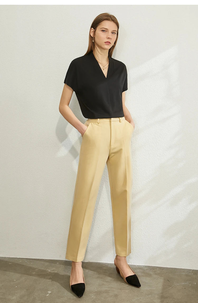 AMII Minimalism 2023 Summer Women's T-shirt Classic Style Casual V-neck Short Sleeve Solid Stretch Female Tops & Tees 12312013