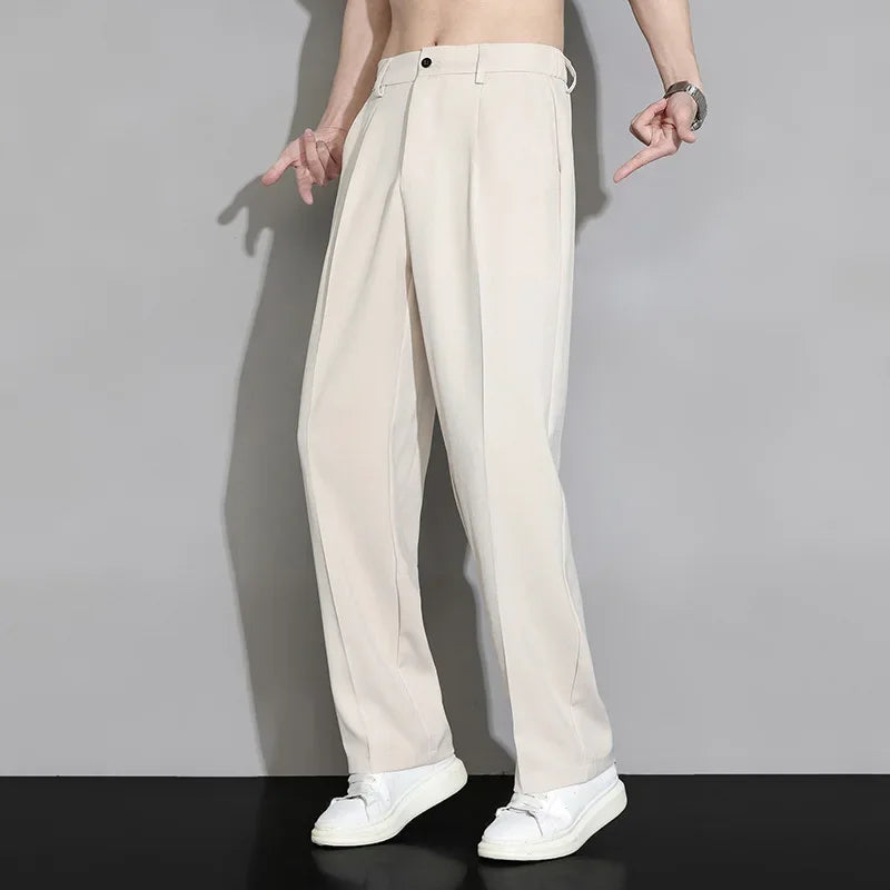 Summer Solid Color Fashion Straight Pants New Man High Street Casual Zipper Pockets Button Loose Korean Style All-match Trousers
