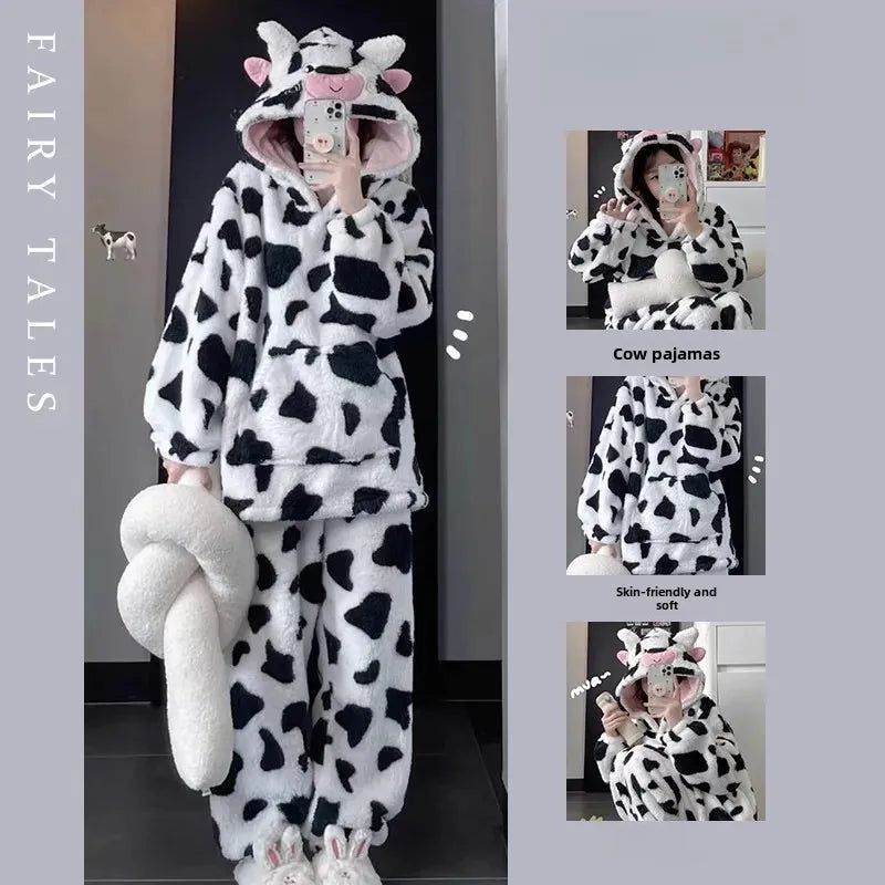 Milk Cow Hooded Cute Coral Fleece Winter Pajamas Floral Fleece Cute Cartoon Long Sleeve Plus Size Home Clothes Suit