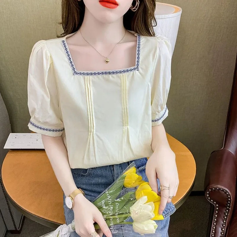Women Clothing Summer Korean Fashion Embroidered Solid Color Square Collar Puff Sleeve Femme All-match Pleated Short Sleeve Tops