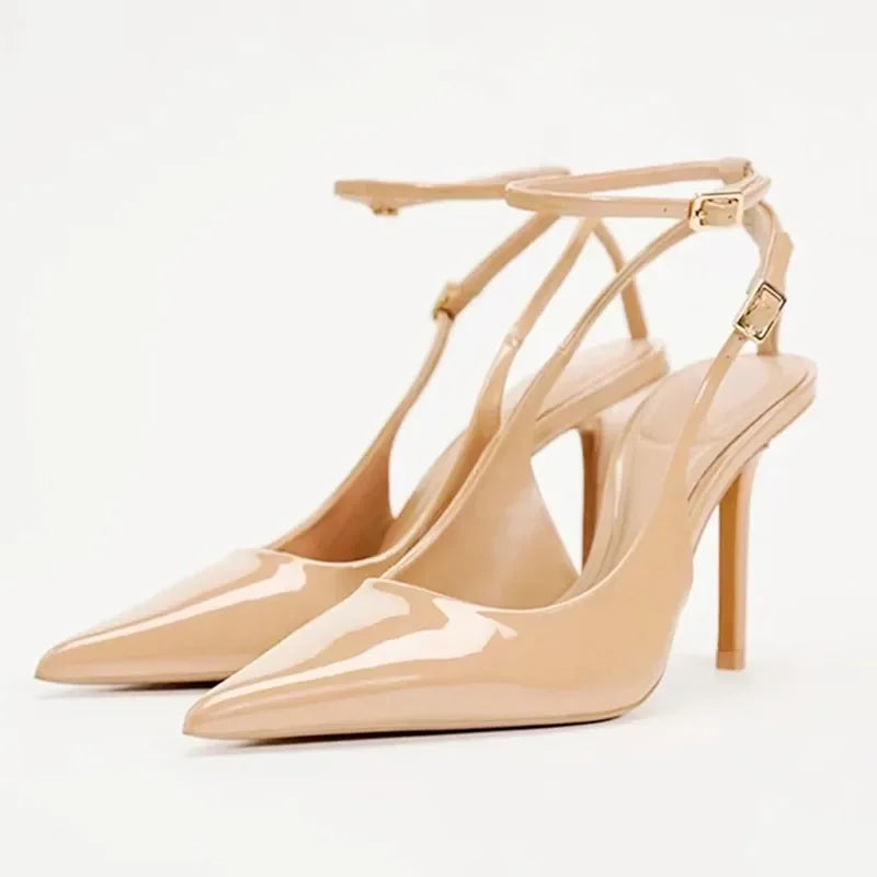 Nude Patent Leather Ankle Strap Buckle Women Pumps Sexy Pointed Toe Stiletto Heels Summer Stiletto Heels Party Shoes Sandalias