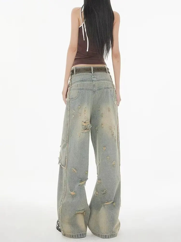 American High Street Wasteland Style Ripped Jeans Spring and Summer Loose Washing and Old Wide-leg Japanese and Korean Baggy