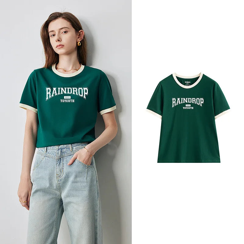 TOYOUTH Women Short Sleeve T shirt 2025 Summer New Color Blocked Letter American Style Antibacterial Cotton Tops GT5210004