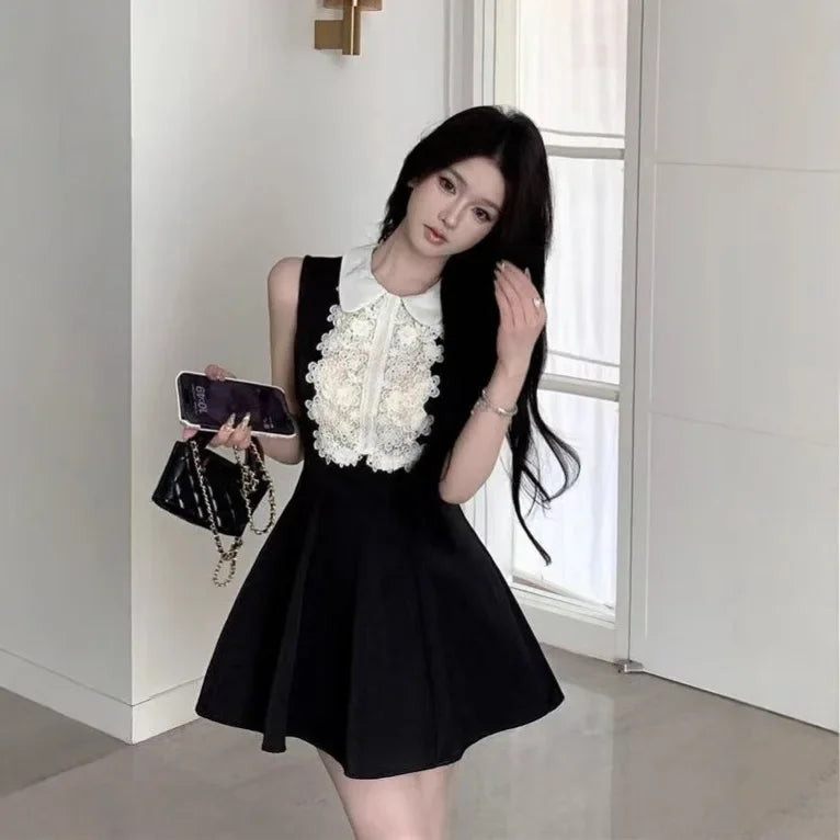 French Style Lace Doll Collar Vest Dress Women Summer Mini Skirt Waist Cinching Sleeveless Black Dress Polo Neckline Polyester F