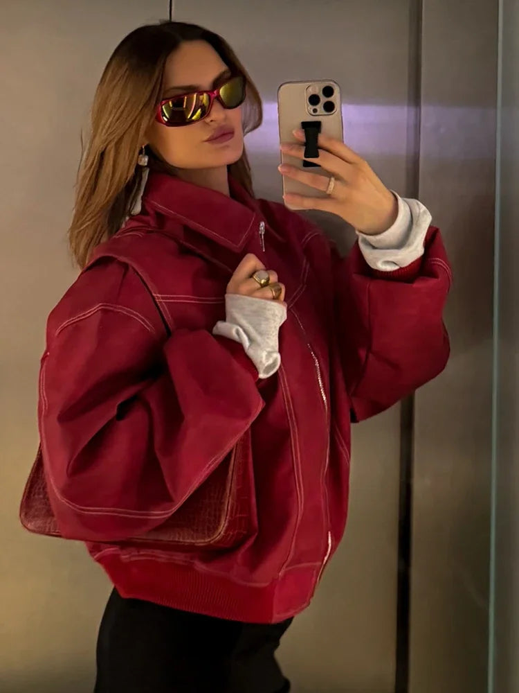 Women's Artificial Leather Short Jacket Retro Red Linen Coat Spliced Zipper Jacket Autumn Women's Lapel Pocket Street Sportswear