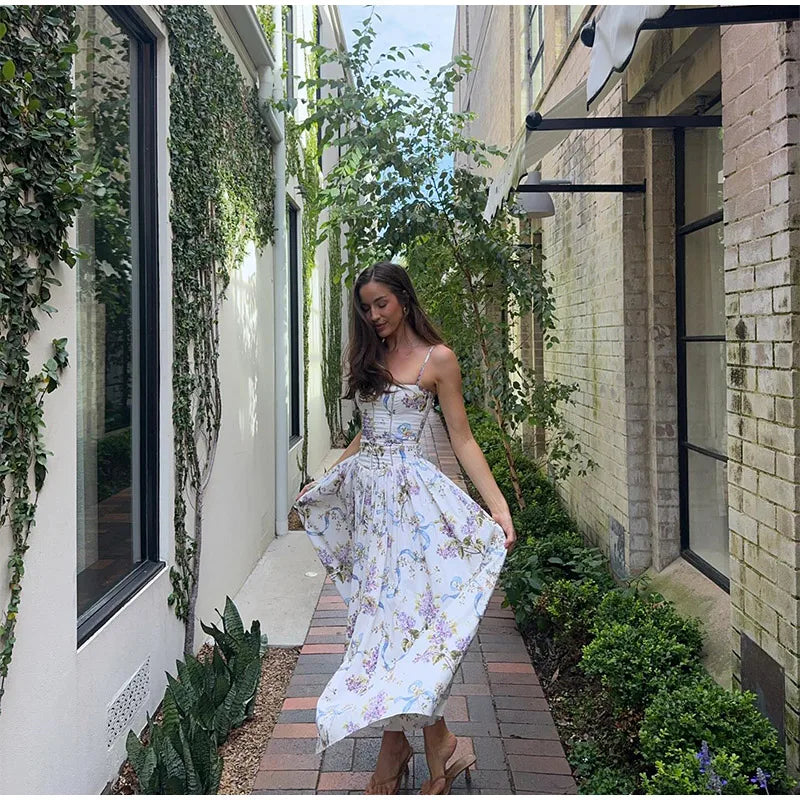 Chic Flower Print A-line Maxi Dress Women Elegant High Waist Strapless Backless Slim Vestidos 2025 Lady Summer Vacation Robes