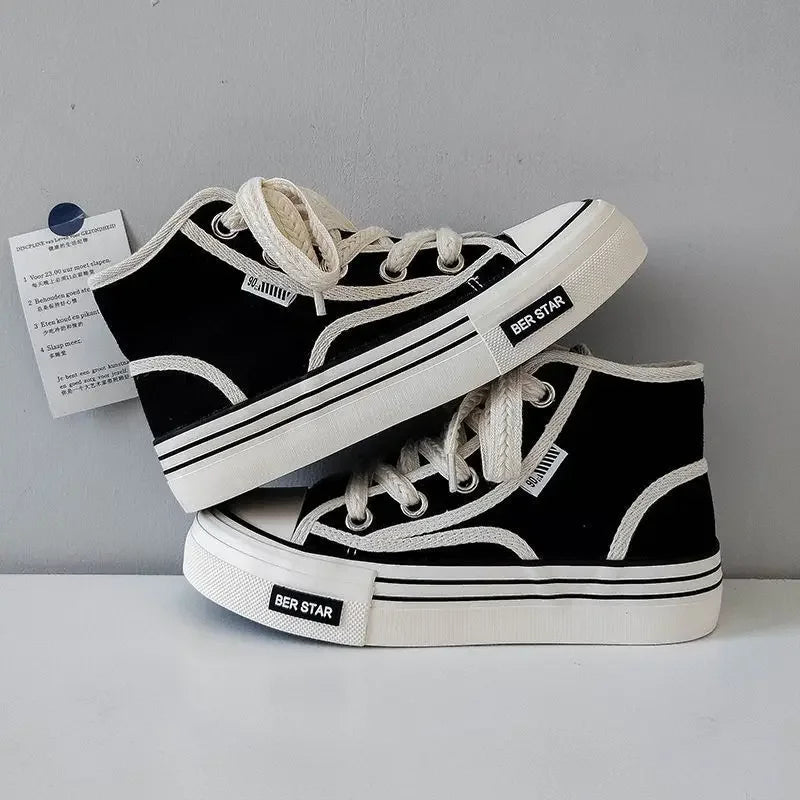 Spring 2025 Women's Canvas Sneakers High-Top Sporty Casual Shoes Student Fashion Trendy Design Synthetic Inner Rubber Sole