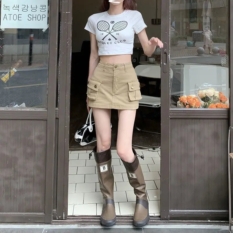 2025 new cargo khaki skirts with pocket woman streetwear clothing women's skirt korea straight skirt women high-waist A-line