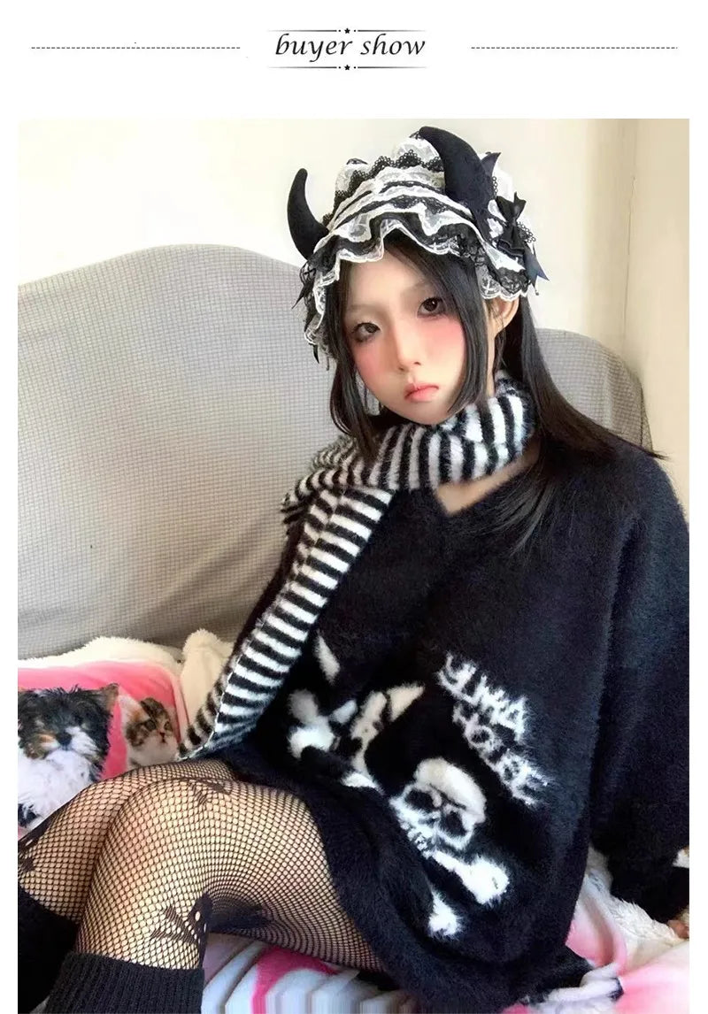Karrram Gothic Skulls Sweater Grunge Dark Aesthetics Knitted Jumper V-neck Harajuku Loose Mohair Pullover Emo Alt Knitwear Y2k