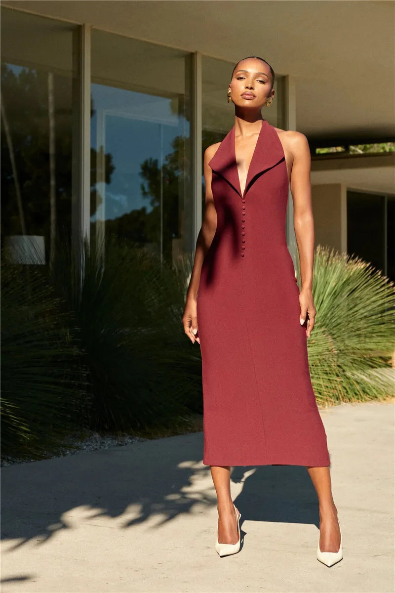 Mozision Halter Deep V Neck Sleeveless Sexy Maxi Dress For Women Elegant Backless Bodycon Tank Dress Femme Fashion Long Dress