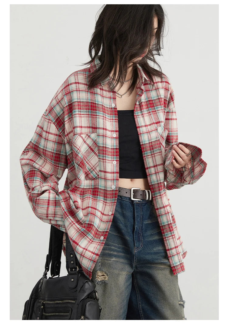 CHIC VEN Women's Cotton Shirt Single Breasted Loose New Retro Color Blocked Grid Female Blouses Autumn Spring 2024