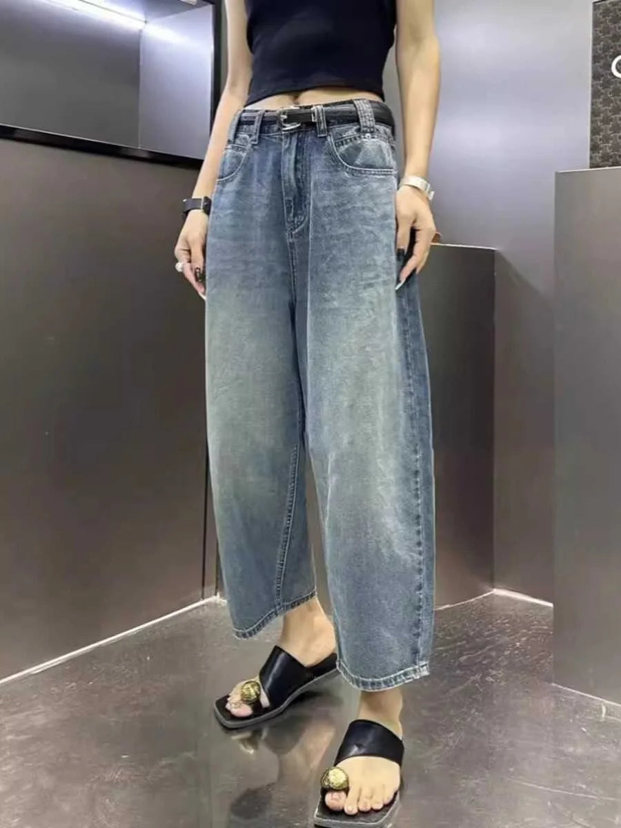 Loose Dad Jeans Women's Spring Summer New Sle Wide Leg Nine Points Harlan plus Size Slimming Trousers High Waist Denim