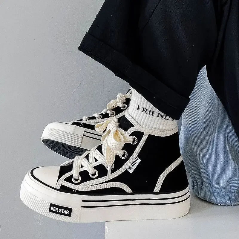 Spring 2025 Women's Canvas Sneakers High-Top Sporty Casual Shoes Student Fashion Trendy Design Synthetic Inner Rubber Sole