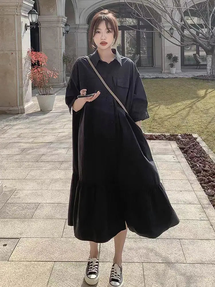 plus Size Khaki Shirt Dress Women Casual Summer Loose Fit High Waist A-Line Skirt Long Sleeve Polo Collar Polyester Fiber