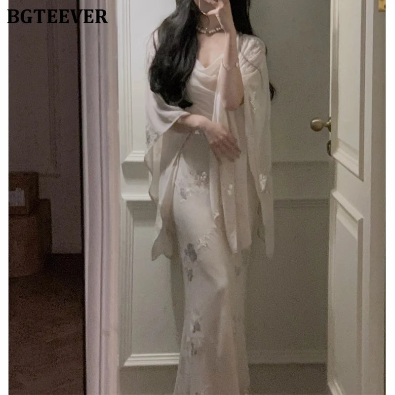 BGTEEVER Autumn Winte Slim OL Embroidery Set Long Sleeve Cardigans & Spaghetti Strap Package Hip Dress Ladies 2 Pieces Set