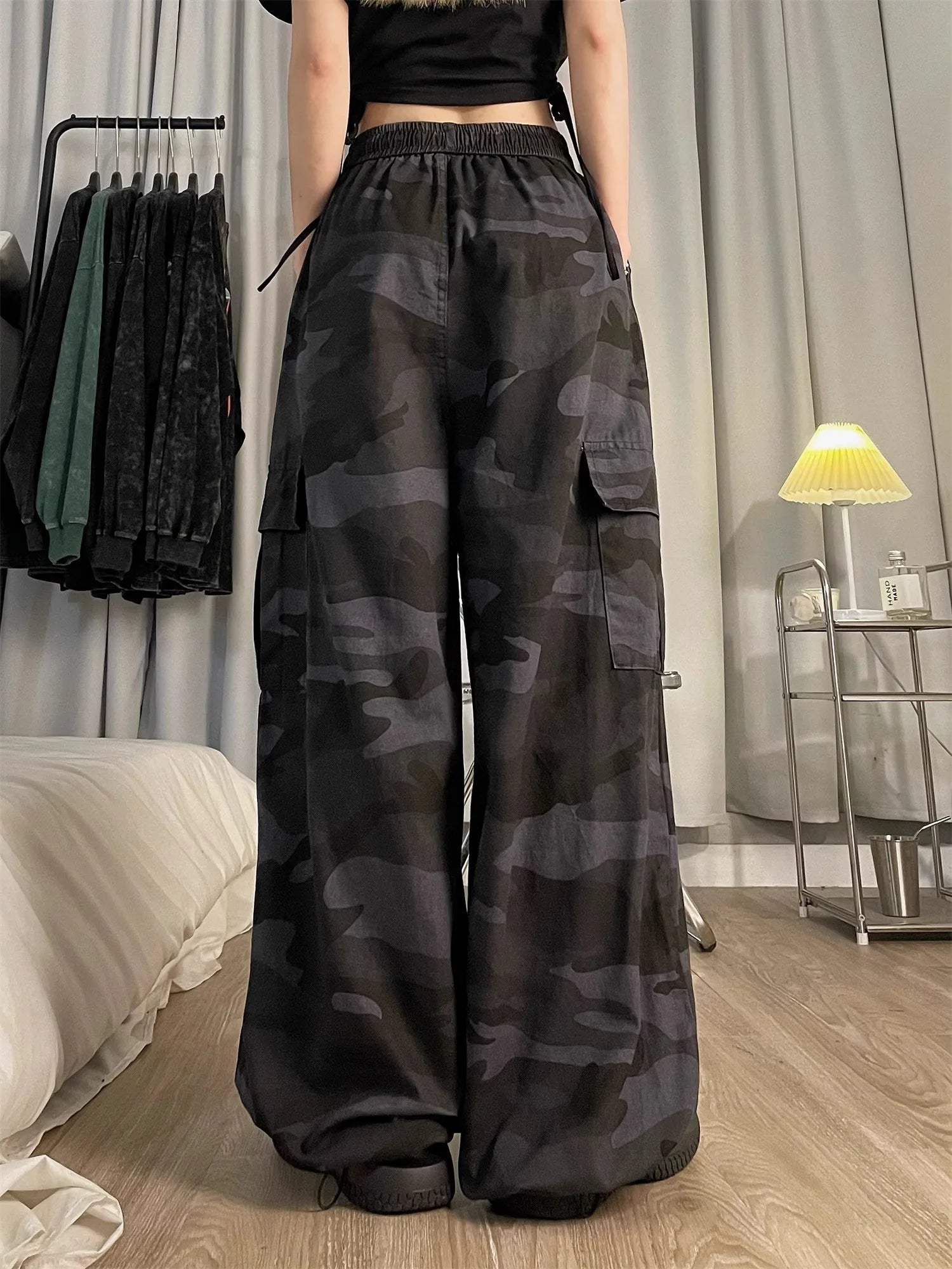 American High Street Camouflage Work Pants Women's Dstring Hip Hop Large Size Loose Straight Leg Wide Leg Trousers