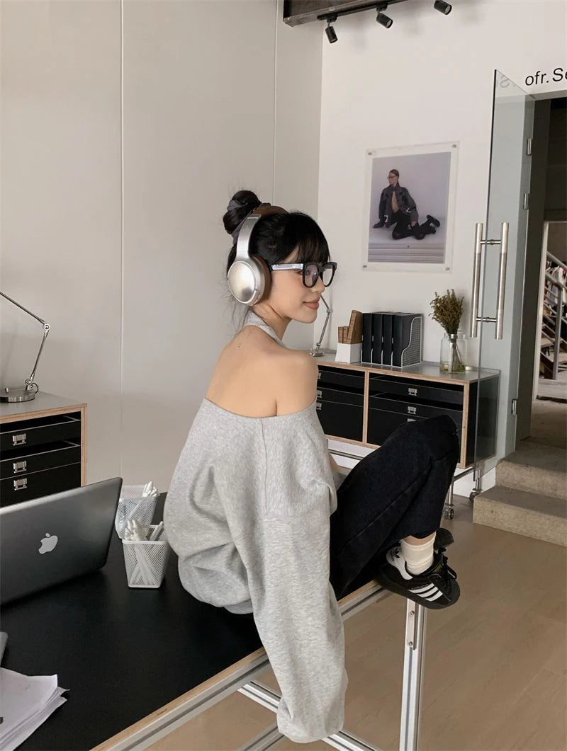 Zoki Sexy Halter Sweatshirt Women Streetwear Off Shoulder V Neck Pullovers Vintage Loose Backless Design Female Korean Tops New