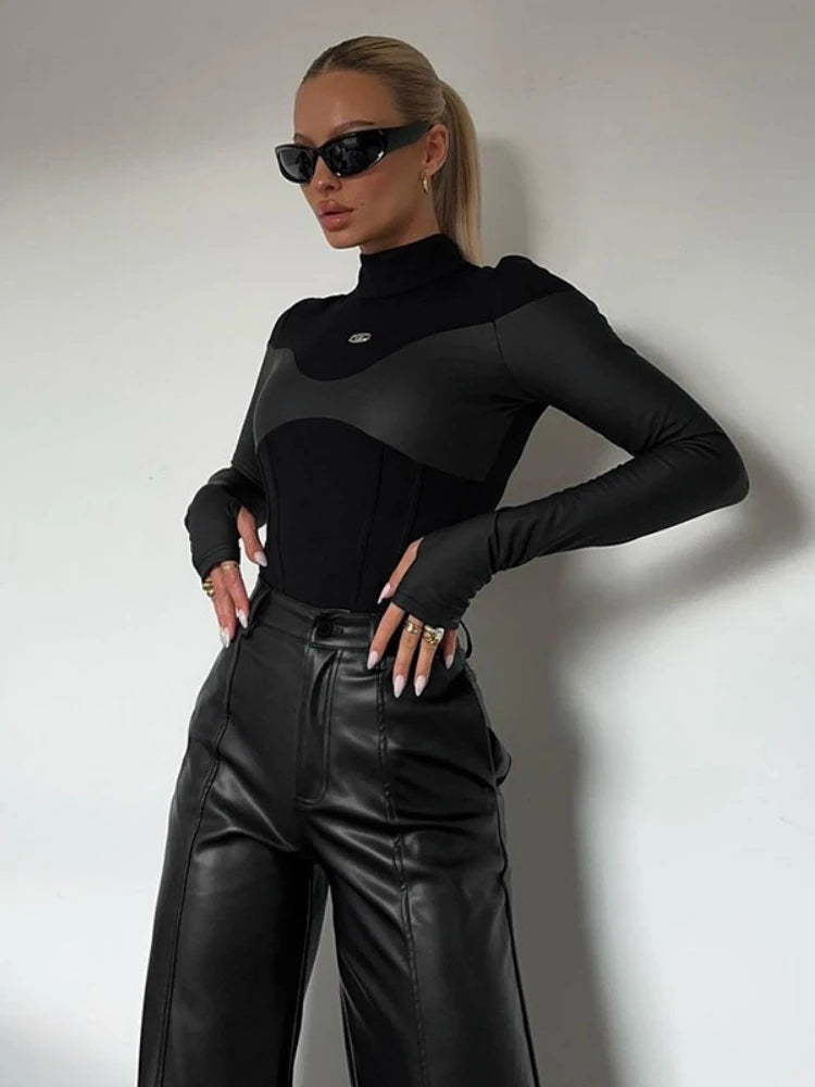 Long Sleeve Bodycon Lenceria Femenina Turtleneck Lingerie Sexy Body Feminino Black Tops Women PU Patchwork One-Pieces Bodysuit