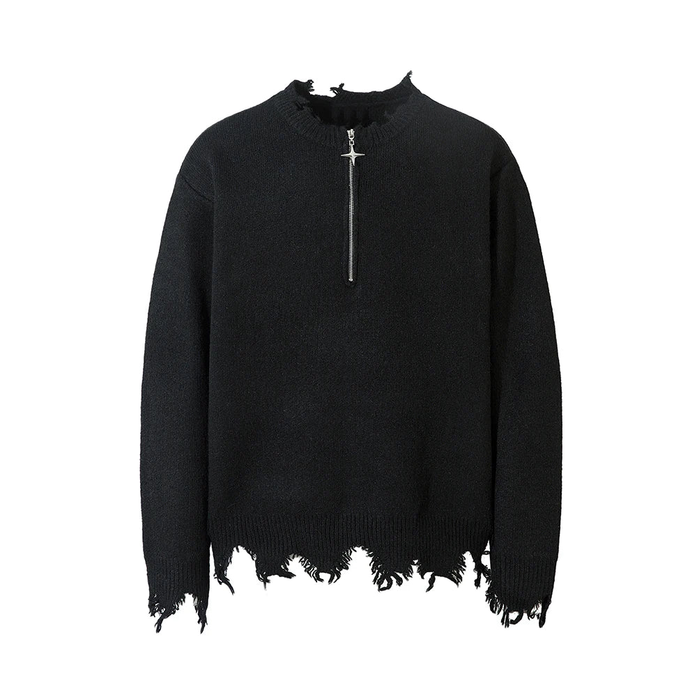 Half Zipper Frayed Hem Ripped Solid Knitted Sweaters Mens and Womens Autumn Baggy Pullover Sweater Oversized Loose Clothes