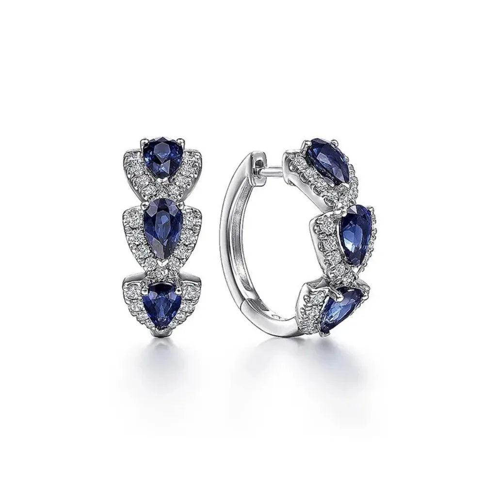925 Sterling Silver Luxury Trendy Blue Cubic Zirconia Hoop Earrings Wedding Party Elegant Accessories for Women Jewelry Gift