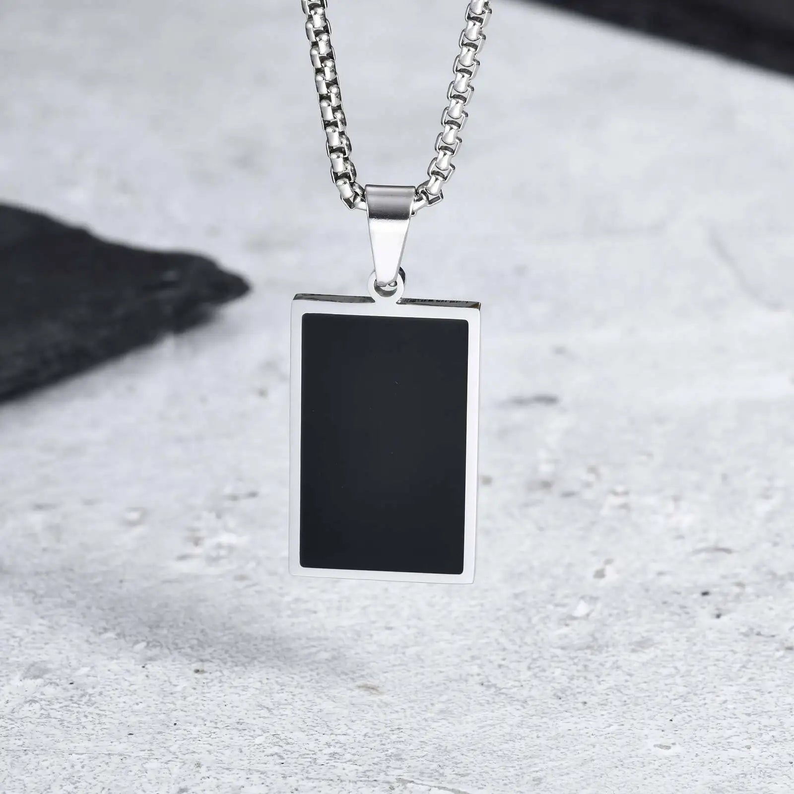 Casual Black Enamel Necklaces for Men,Waterproof Stainless Steel Square Pendant Necklace,Simple Fashion Male Collar Jewelry Gift