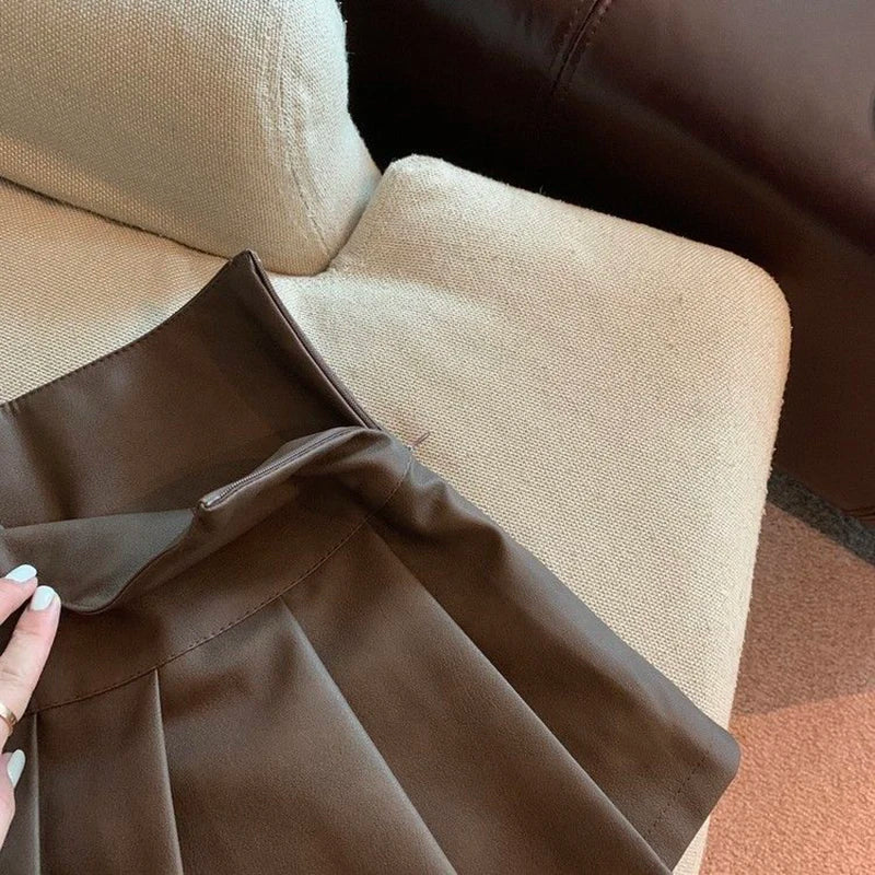 MEXZT S-3XL Y2K Pu Leather Mini Skirts Women Streetwear High Waist Pleated Skirt Vintage Korean Black Slim Casual A Line Skirts