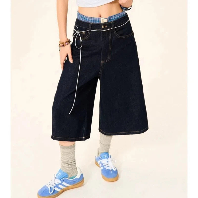 Summer High Street Letter Printing Washing Denim Shorts Men and Women American Retro Casual Loose Straight Cropped Pants Trendy