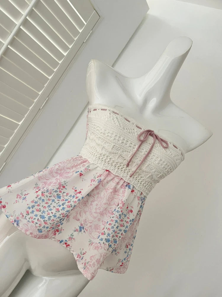 Summer  New Sexy Spice French Elegant Ladies Top Lace Patchwork Halter Vest Floral Skirt Design Hollowed-Out Strapless Tops