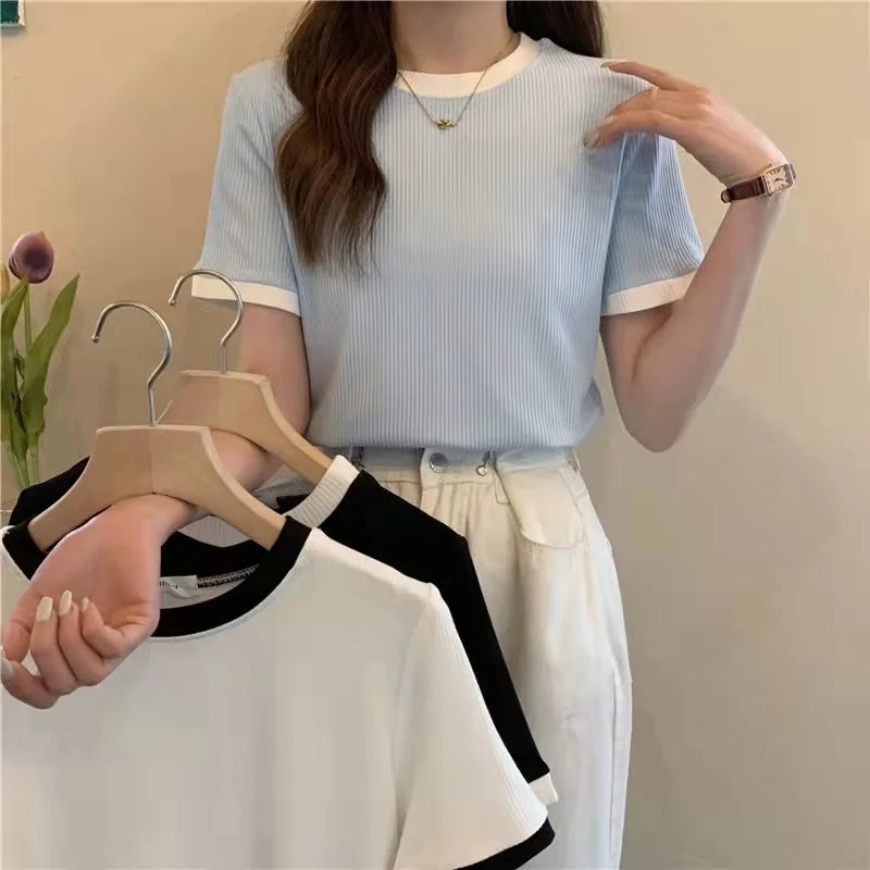 Summer Women Pure Color Short Sleeve T-shirt Elastic Slim Fit Large Round Neck Thin Body Shirt Top Korean Style Casual Comfort