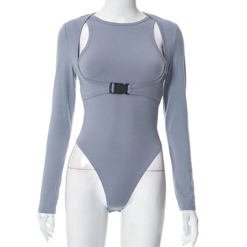 Autumn 2025 New Full Sleeves Hollow School Bags Buckle False Two Pieces Skinny Bodysuit Women Stylish Casual Versatile