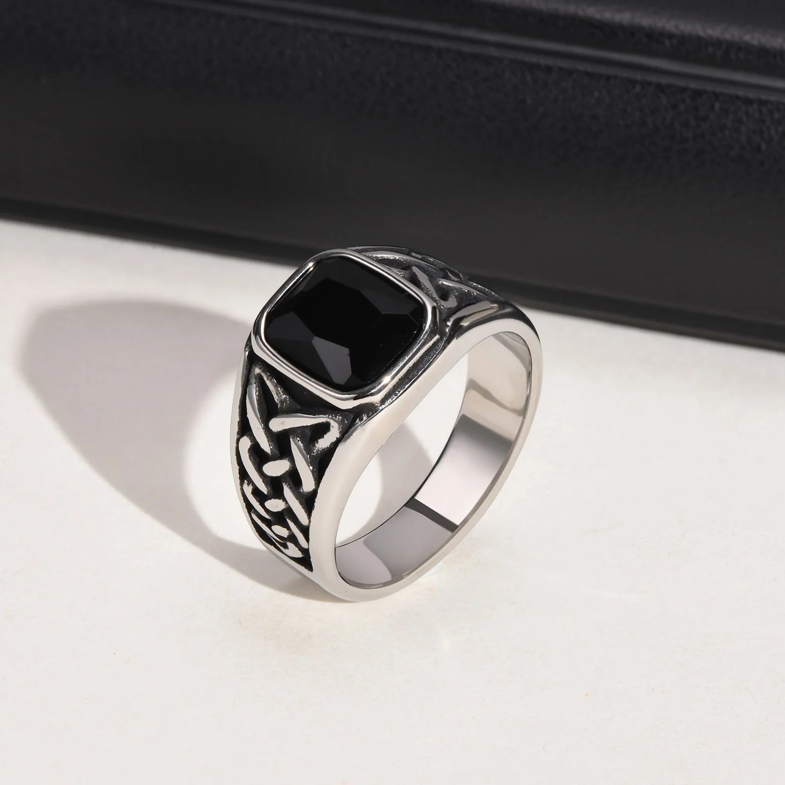 Punk Vintage Ethnic Rings for Men, Retro Viking Knot Rune Finger Band, Black Geometric Square Stone Signet Ring Jewelry