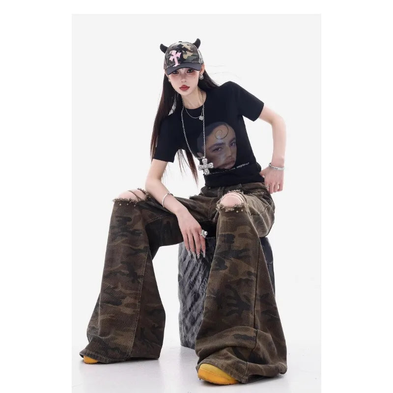 Meigao Street Ripped New Retro Loose Camouflage Ripped Jeans Women's Design Straight-Light Wide Legs