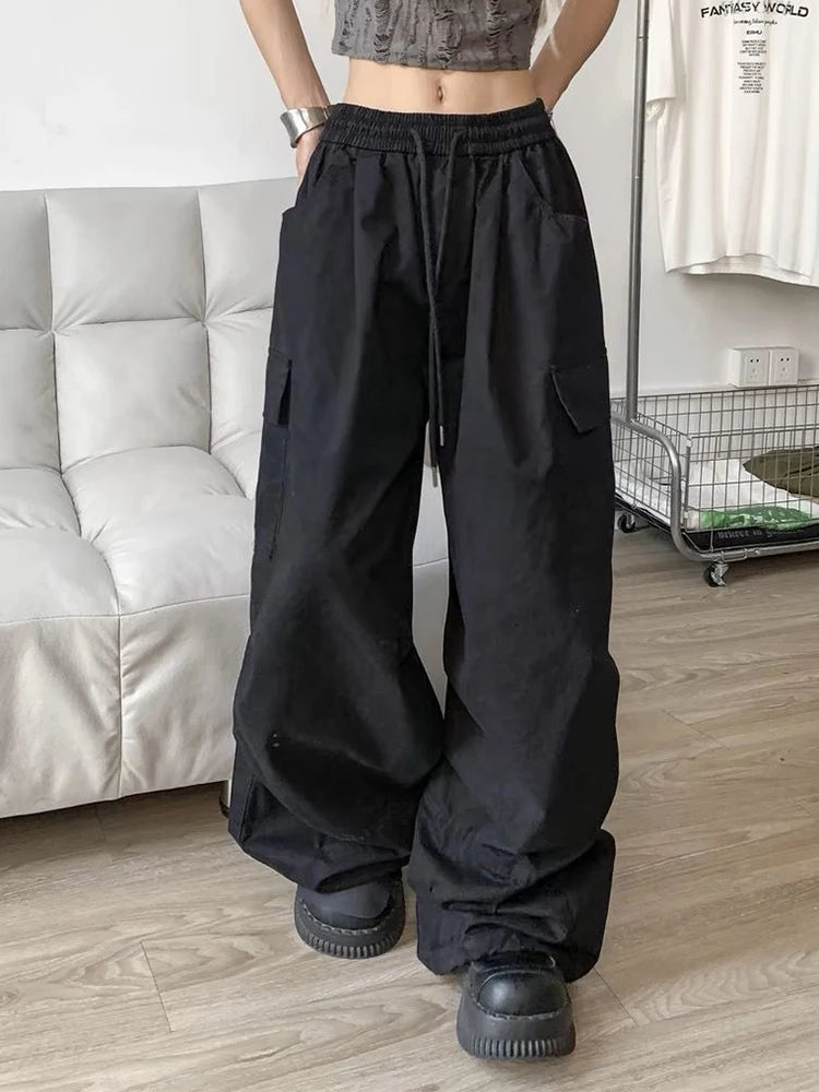 Zoki Loose Vintage Y2K Cargo Pants Women Streetwear American High Waist Trousers Casual Big Pockets Bf Retro Harajuku Pants New