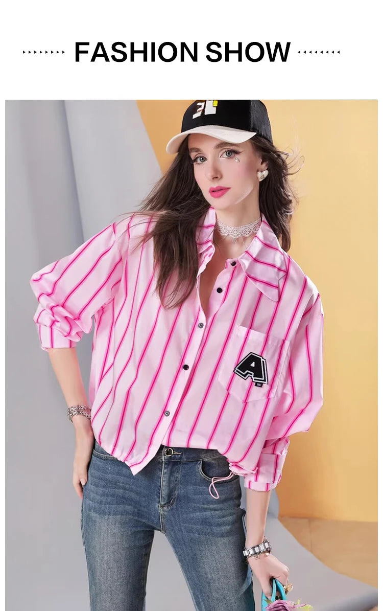 Women’s Cropped Loose Fit Striped Shirt with Letter Patch, Casual Button Down Blouse, Pink Streetwear Long Sleeve Top