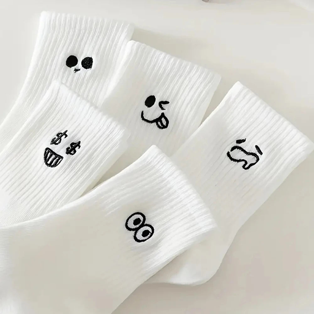 5/10 Pairs Women White Cartoon Socks Trendy Versatile Expression Socks Simple Design Soft Breathable Comfortable Casual Socks