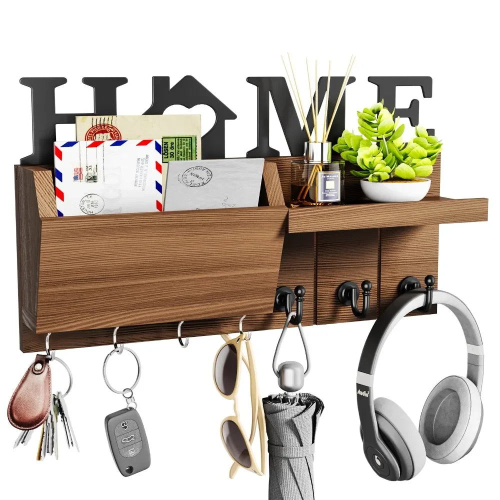 Key and Mail Holder for Wall, Wooden Key Holder and Mail Organizer for Wall Mount with 7 Hooks, Decorative Hanging Rustic Decor