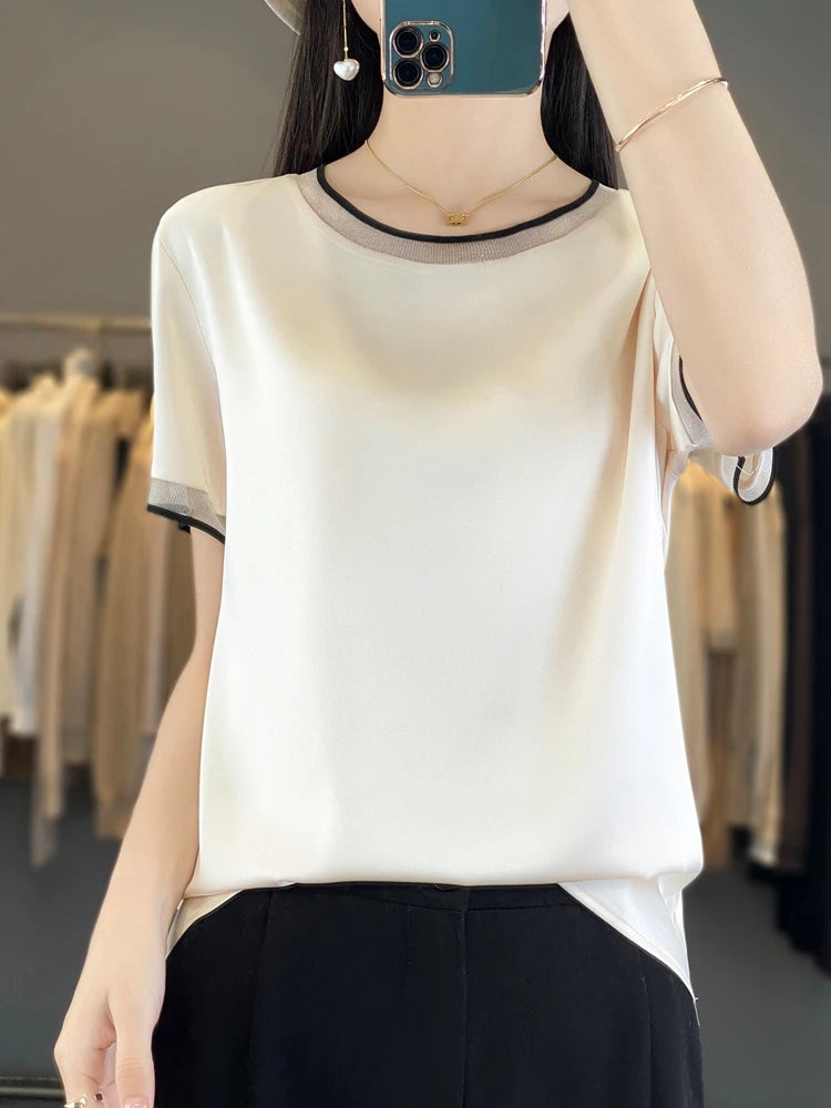 Oversize New Arrival T-Shirt Silky Satin Surface Women's Tees Short ONeck Tank Top Casual Slim Solid Lady Clothes Fashion Trends