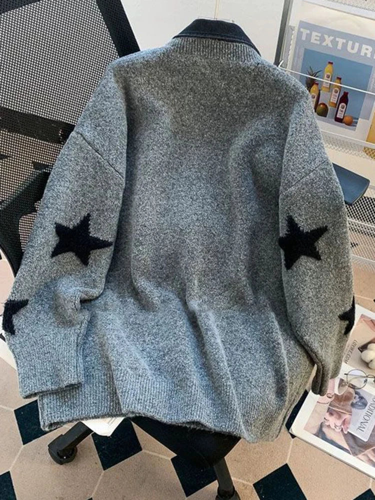 Zoki Star Print Y2K Sweaters Women American Red Patchwork Knitted Jumpers Tops Loose Female Design Turn Down Collar Pullovers