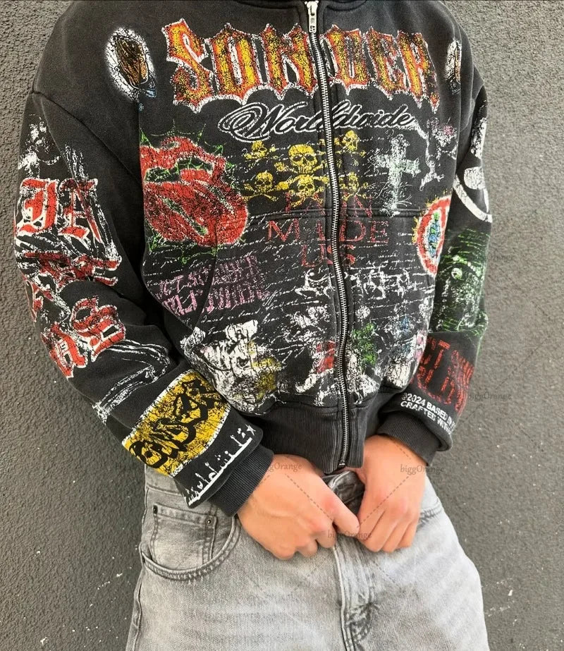 American Retro Y2K Skull Graphic Zipper Hoodie Men Gothic Punk Trendy Streetwear Jacket Hip Hop Harajuku Oversized Sweatshirt