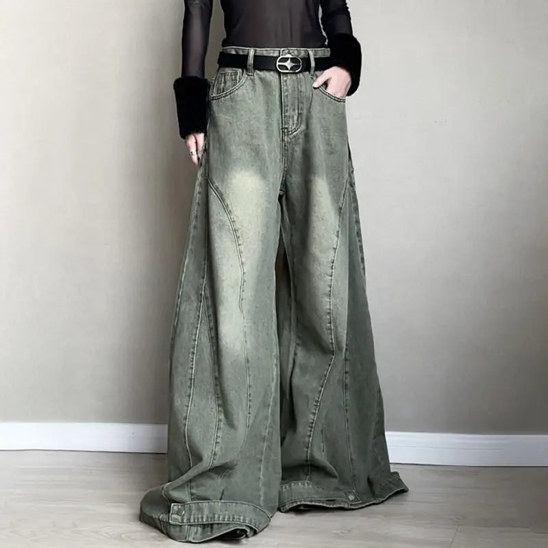 Retro Fashion Old-segmented Denim Cargo Pants Low Waist Loose American Street Harajuku Casual Jeans Women Unisex Wide-leg Pants