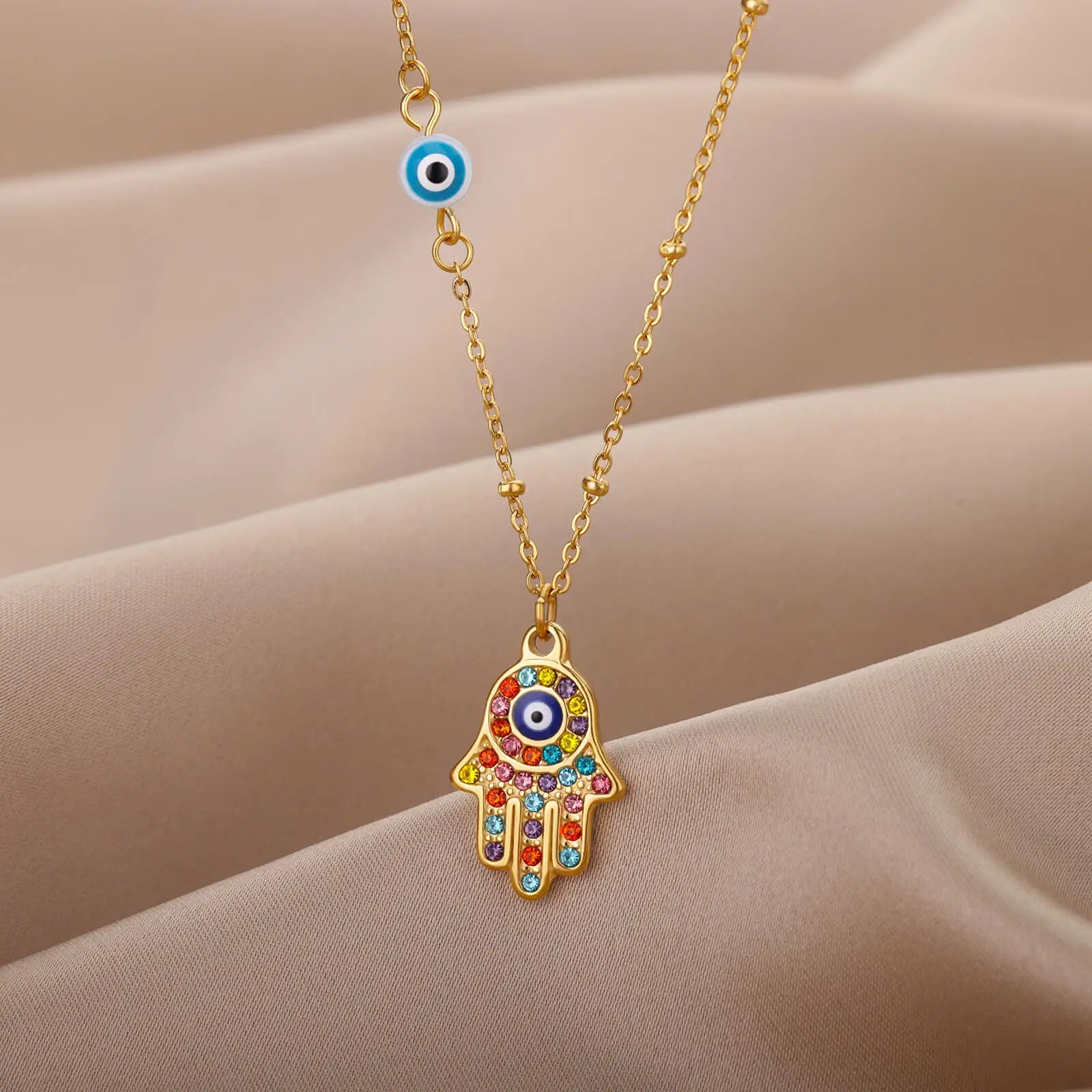Turkish Hamsa Evil Eye Necklaces For Women Stainless Steel Gold Color Charm Choker Neckalce Christmas Jewelry Accessories Gift