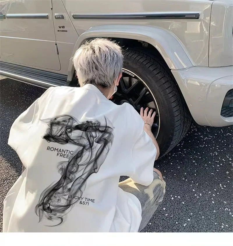 2025 Summer Goth Seven Printed Short Sleeve Tshirt Men's Hip Hop Fashion Cotton Oversized T-shirts High Street Y2K Tee Tops